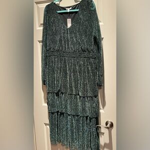 Maurices Green Metallic Thread Ruffle Tiered Midi Dress 1X